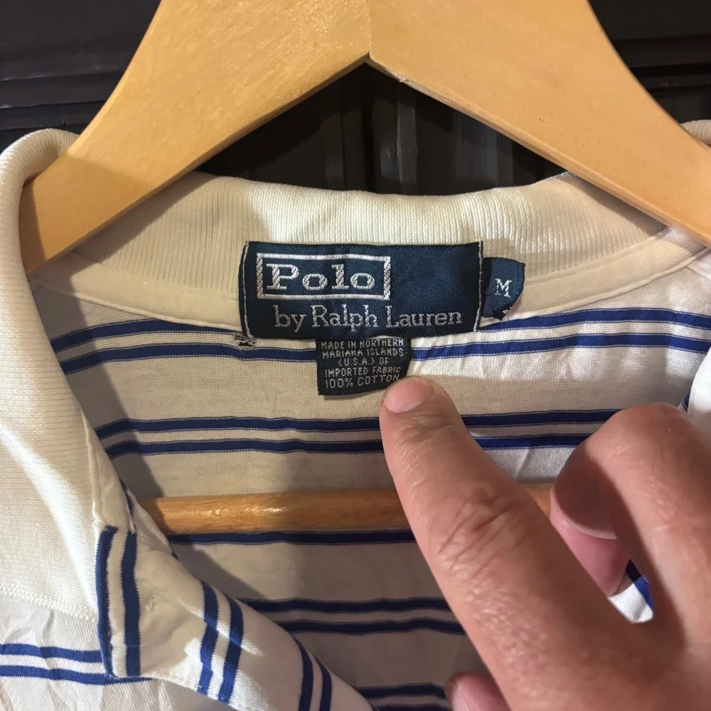 Vintage 90s Polo Ralph Lauren Striped Polo Shirt Medium Blue White Thin USA